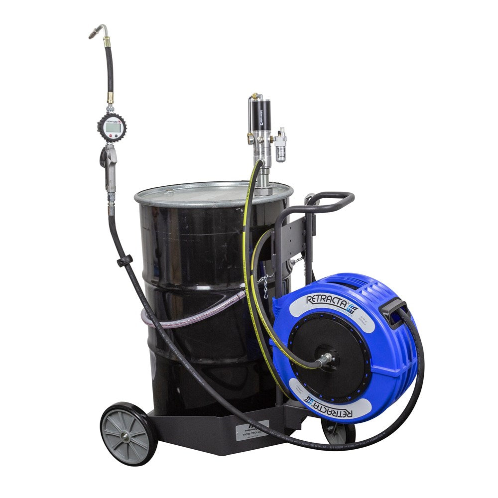 L-ARPD3 WITH RETRACTA OIL REEL DIGITAL OIL GUN & 205L DRUM TROLLEY